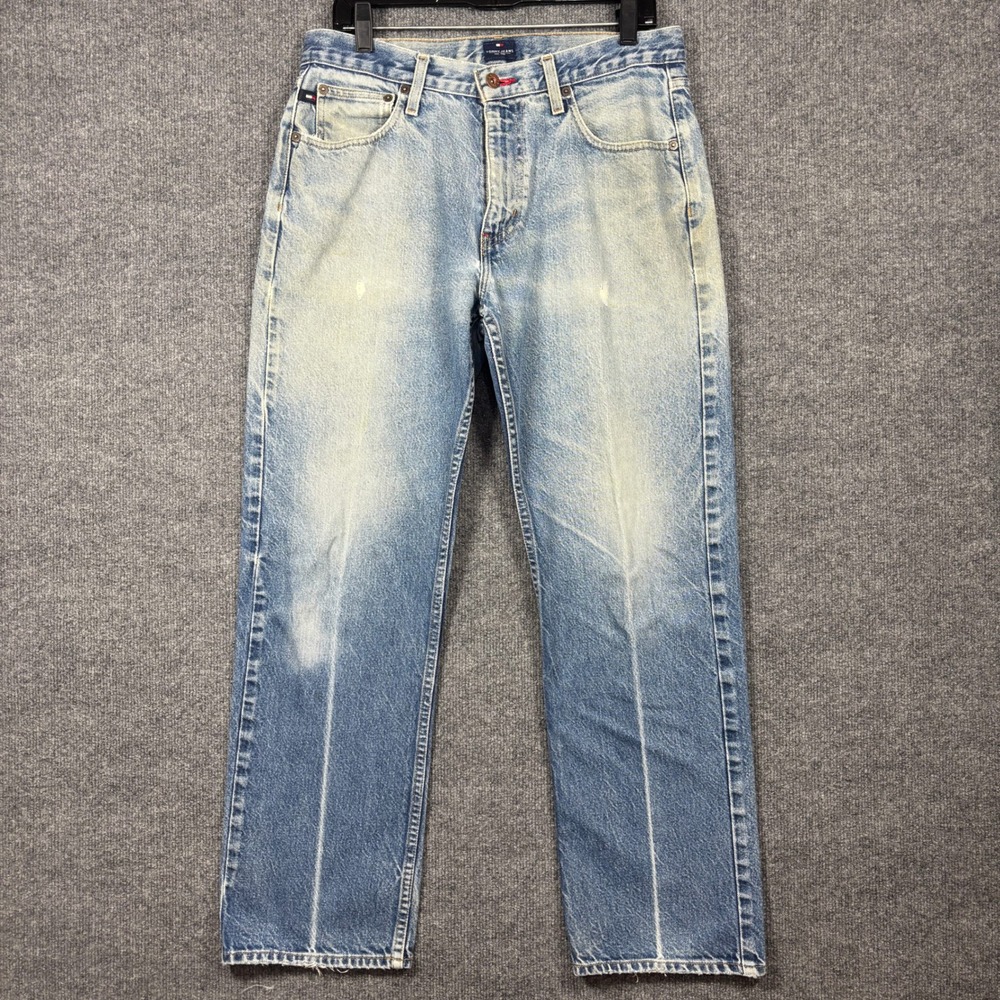 Vintage 90s Tommy Jeans Mens 32x30 Straight Light Wash Faded Distressed Jeans